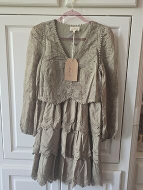 Embroidered Tiered Lace Dress with Button Front